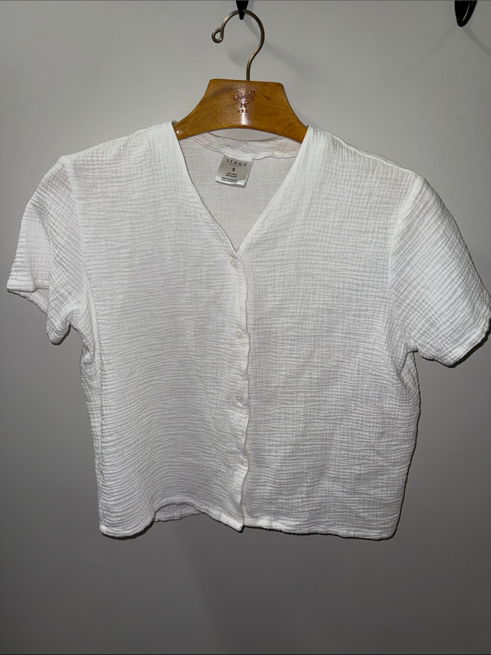 Serra White Textured Button-Front Short Sleeve Top
